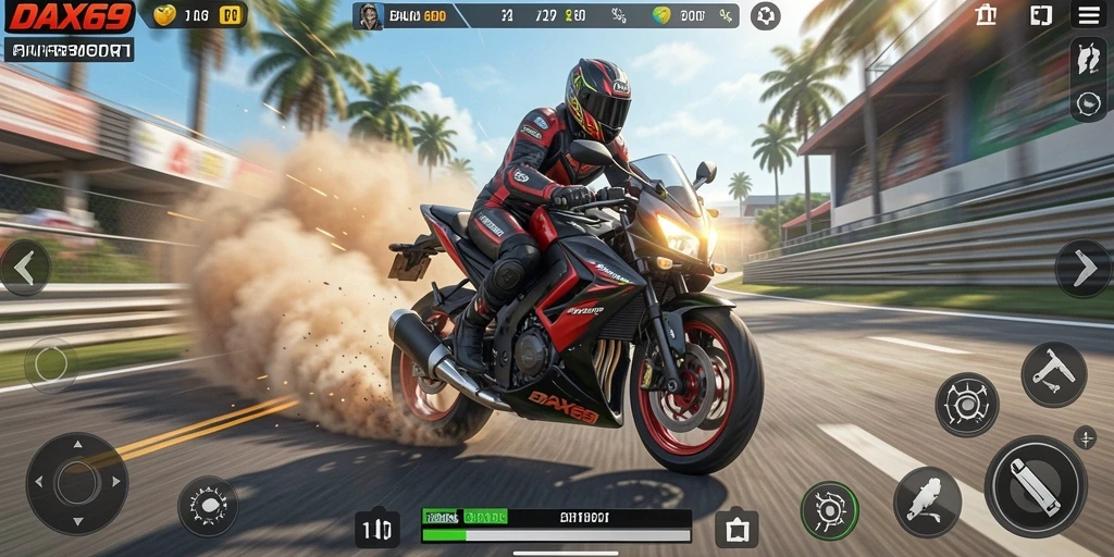 Tampilan gameplay DAX69 dengan balapan motor yang intens.