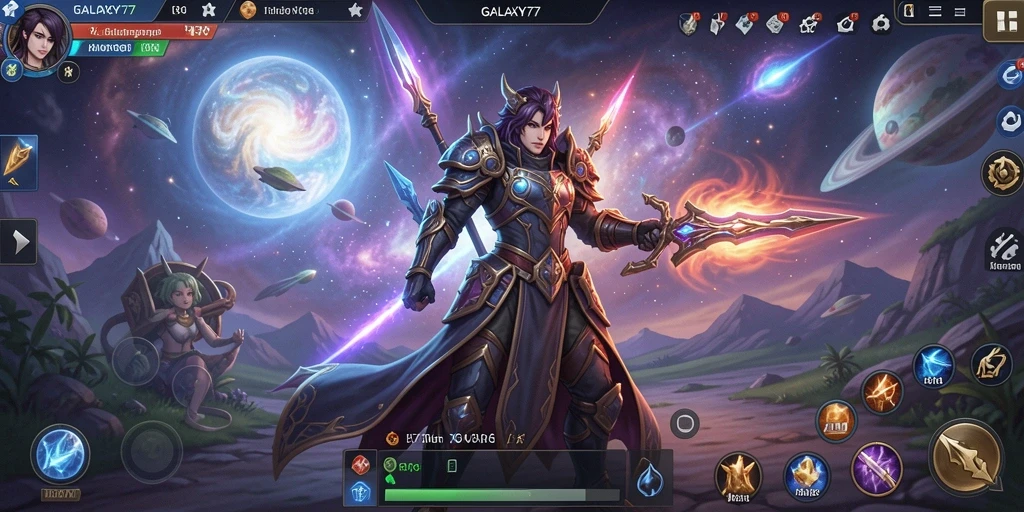 Screenshot gameplay GALAXY77 menampilkan pertarungan epik dan eksplorasi dunia yang luas.