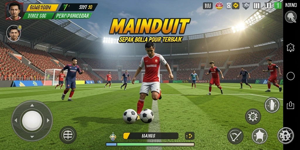 Screenshot dari gameplay seru di MAINDUIT yang menunjukkan aksi sepak bola.