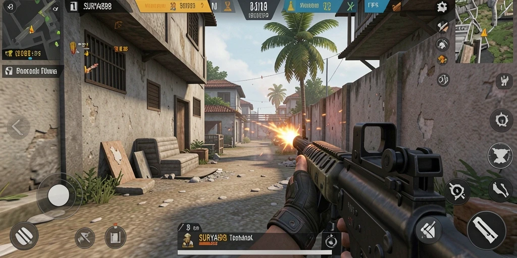 Tampilan gameplay intens dalam SURYA898 yang mengedepankan aksi menembak.